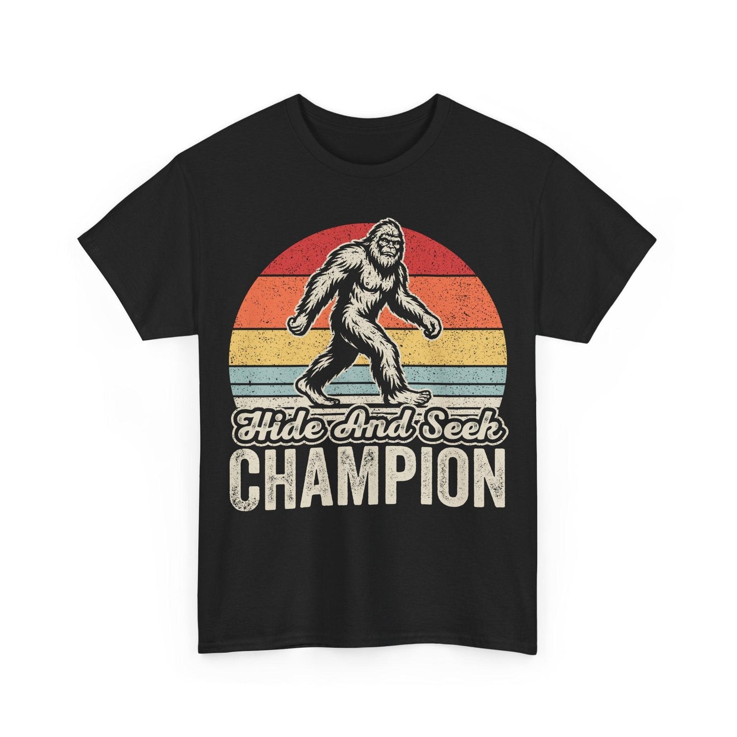 Retro Hide and Seek Champion T-shirt featuring vintage Bigfoot Sasquatch design with muted colors