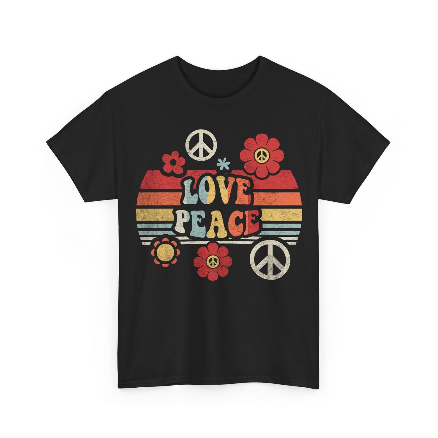 Love & Peace Retro Heart Tee — Vintage 70s Flower Power T‑Shirt