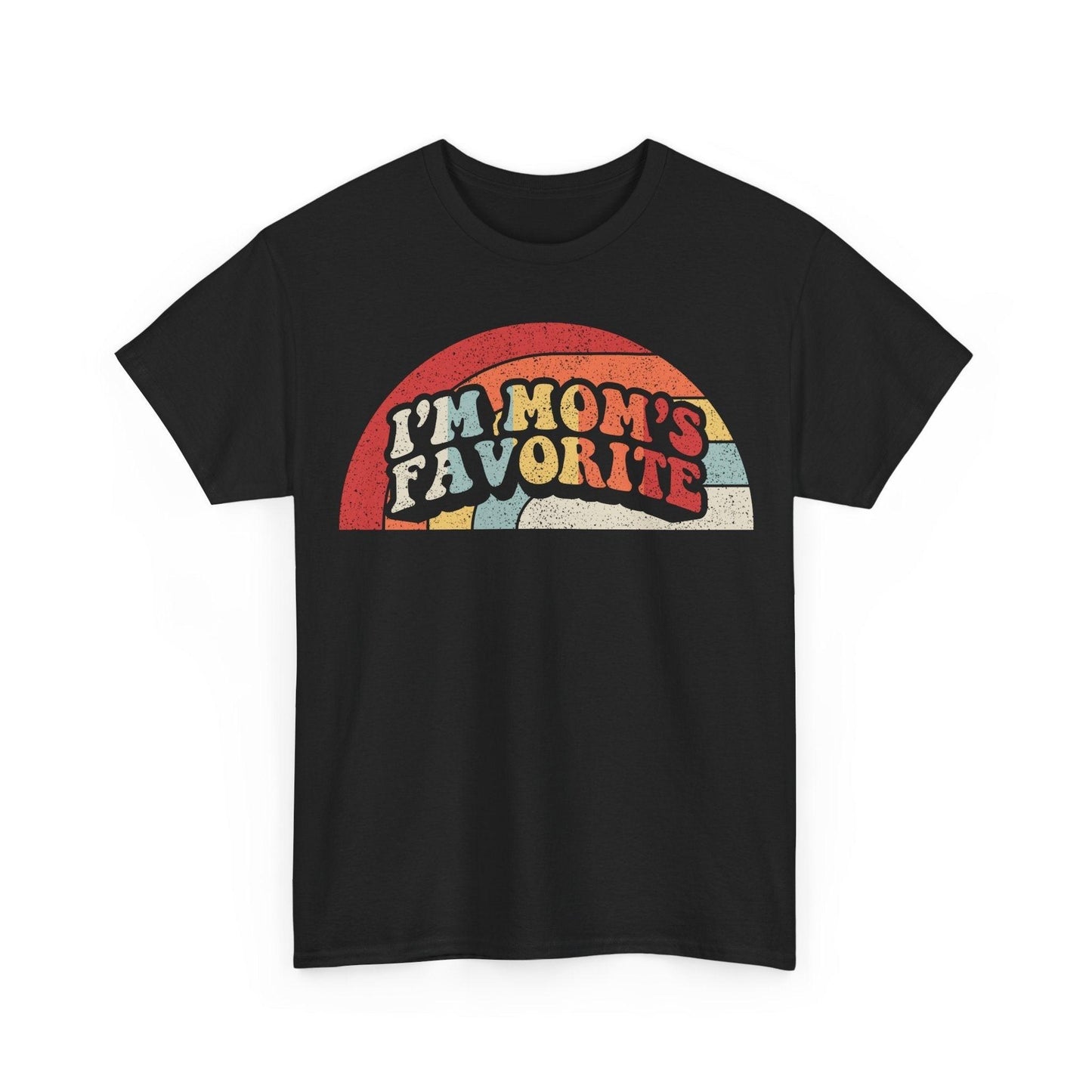 Vintage Mom's Favorite retro graphic tee with faded rainbow arch and bold lettering on soft cotton fabric