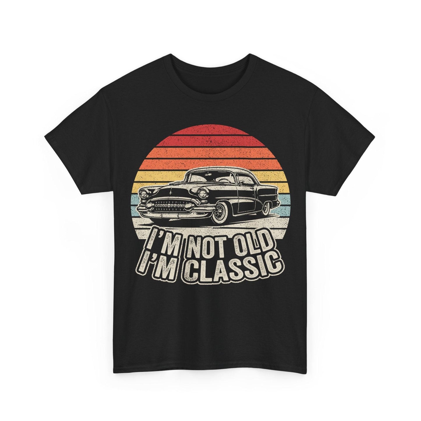 Vintage classic car tee shirt with "I'm Not Old, I'm Classic" sunset design