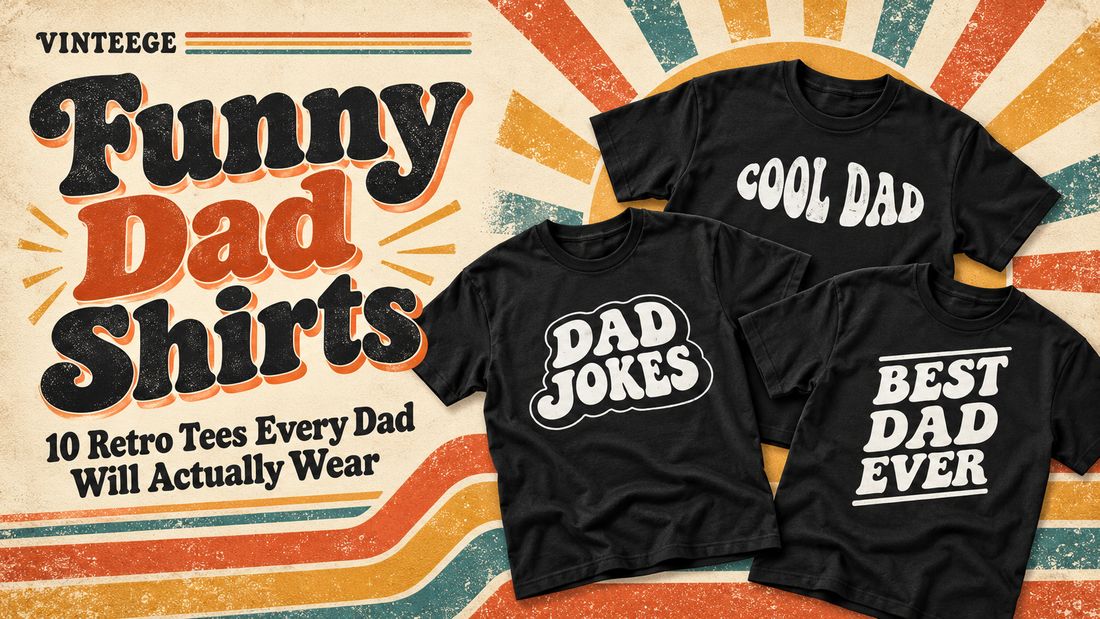 Funny dad shirts in retro vintage style laid flat on a wooden table