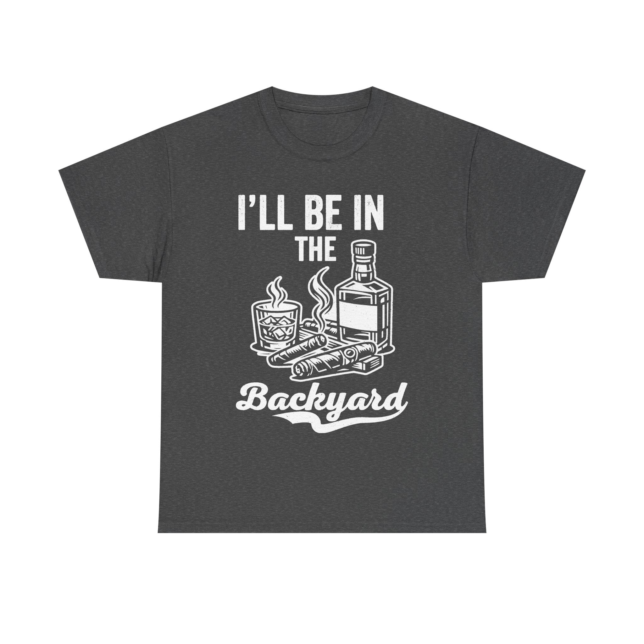 T-Shirt, charcoal gray with vintage white whiskey-and-smoke graphic: bottle, glass, and Backyard script