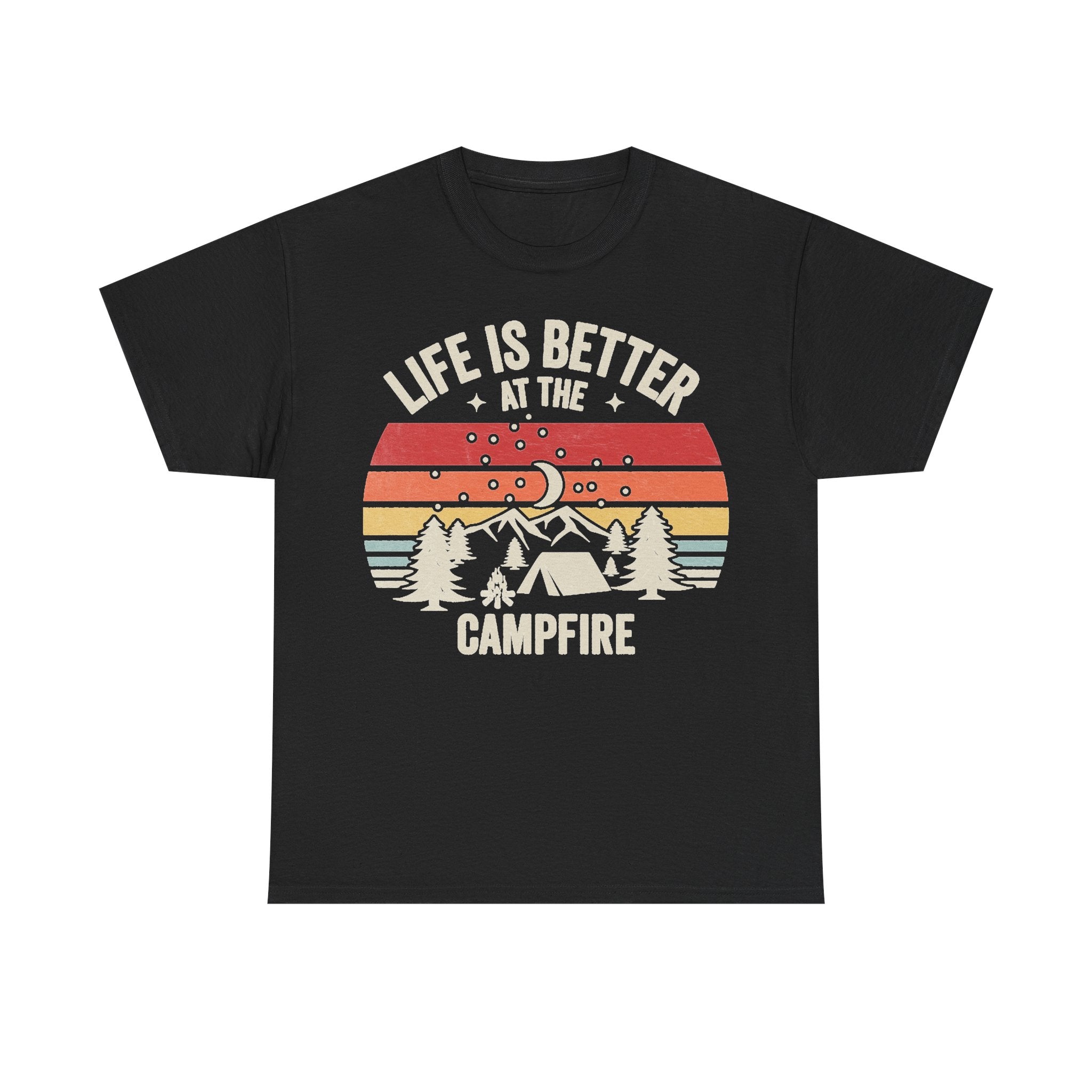 Life Is Better At The Campfire Retro Camping Sunset Scene T Shirt With Mountains