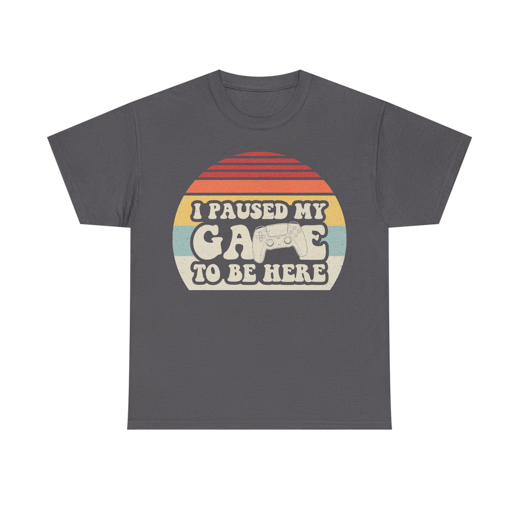 I Paused My Game To Be Here Retro Gamer Tee With Sunset Striped Circle And Controller