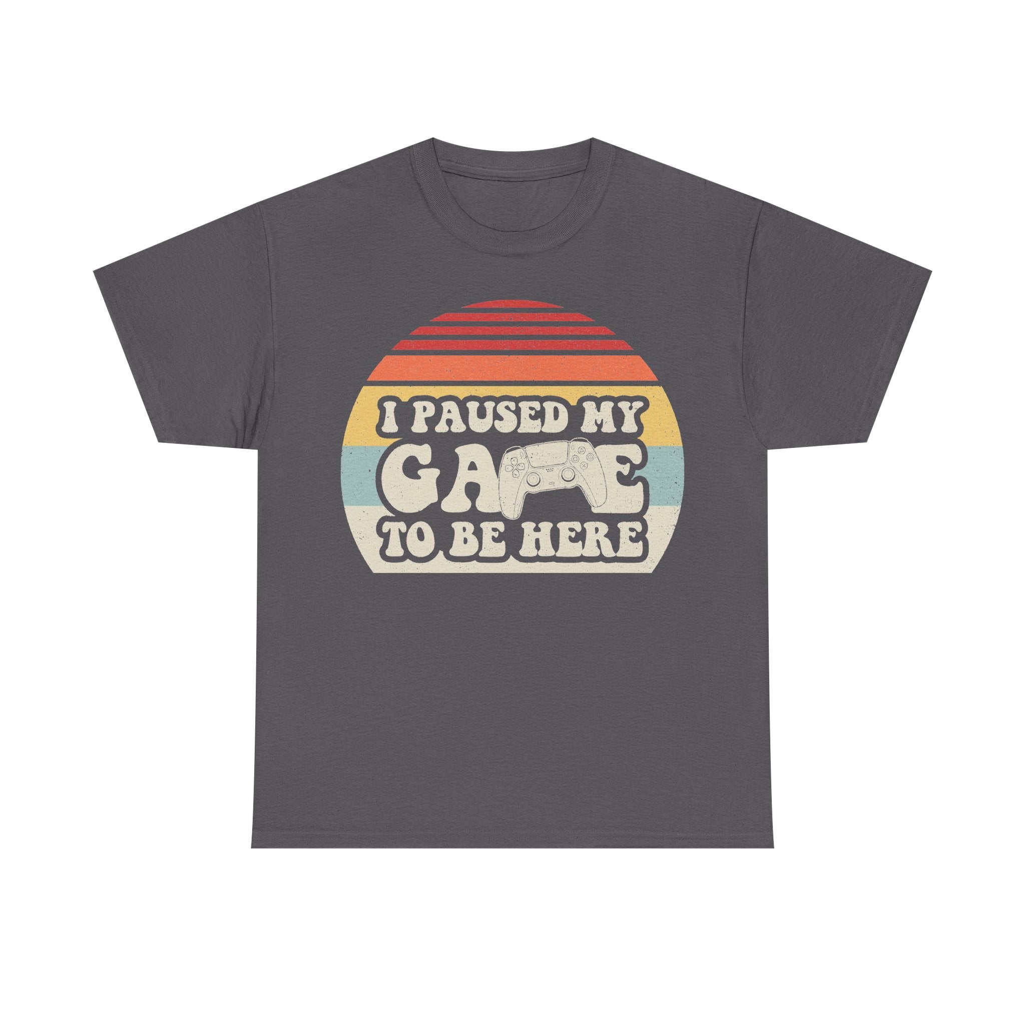 I Paused My Game To Be Here Retro Gamer Tee With Sunset Striped Circle And Controller