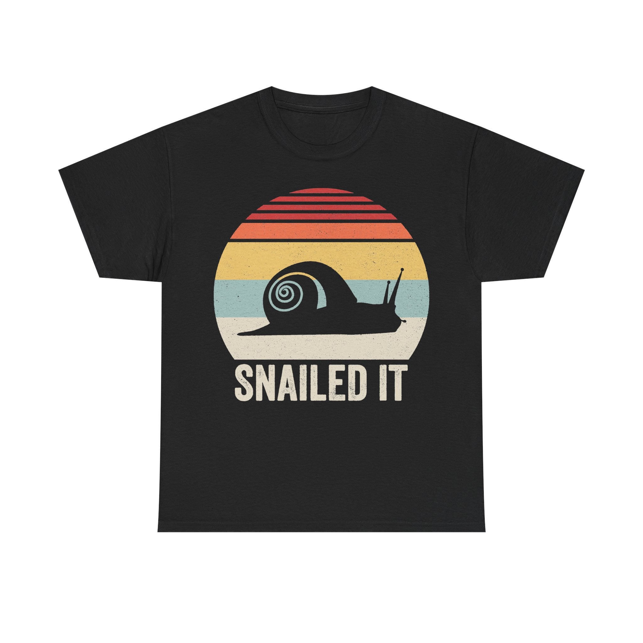 T-shirt with retro sunset snail graphic on black, featuring SNAILED IT.