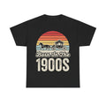 Black T-shirt featuring a vintage sunset circle with stripes, a horse-drawn carriage, and bold Born In The 1900s text