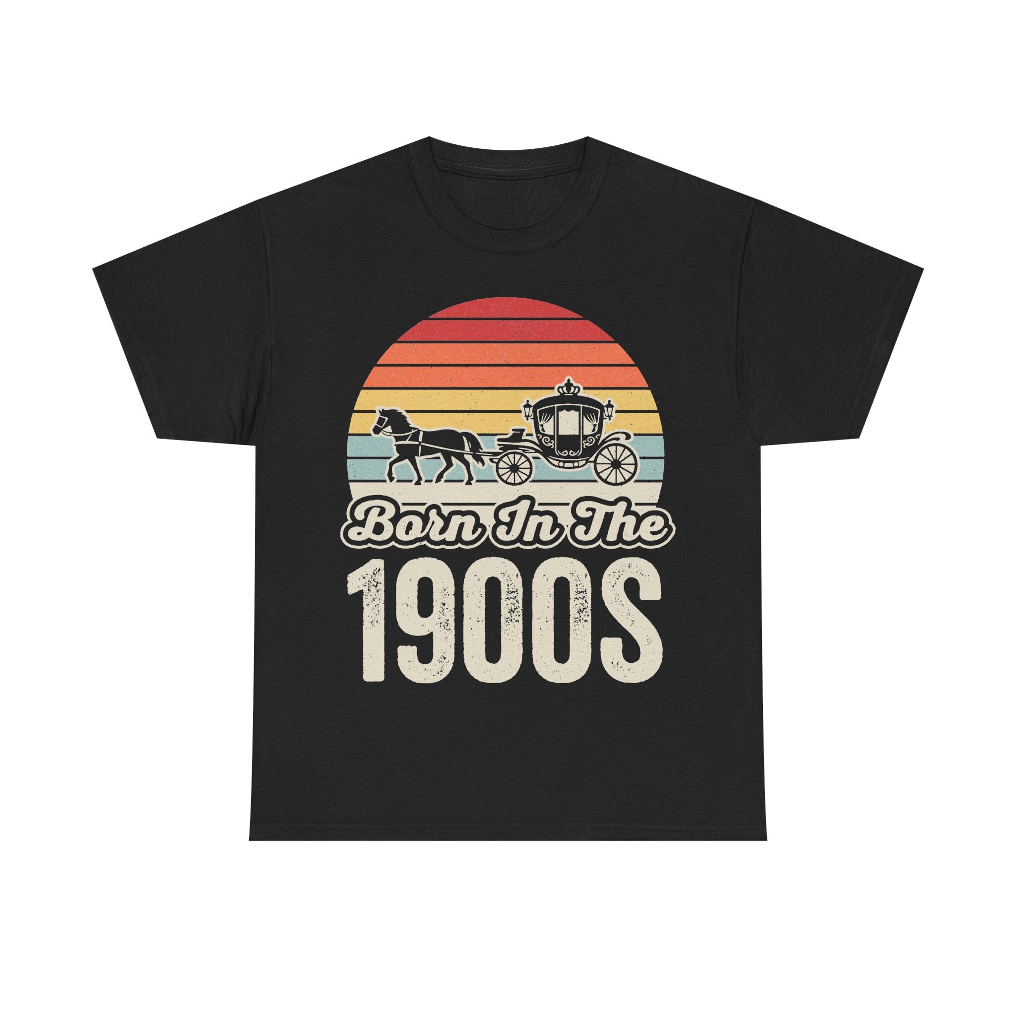 Black T-shirt featuring a vintage sunset circle with stripes, a horse-drawn carriage, and bold Born In The 1900s text