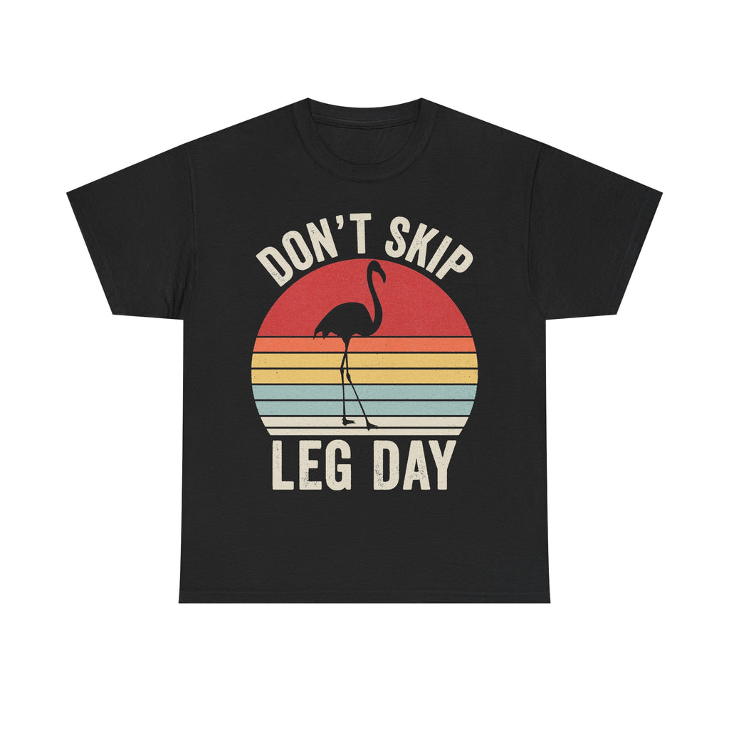 T-shirt black with retro sunset flamingo graphic and the phrase DON'T SKIP LEG DAY.