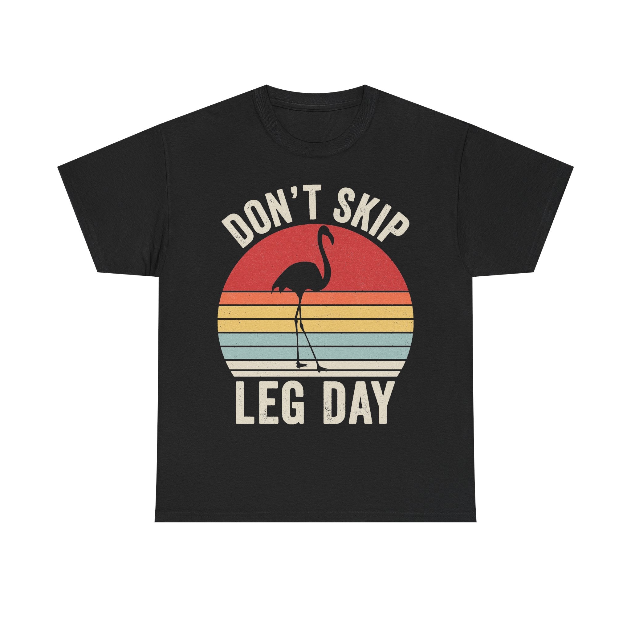 T-shirt black with retro sunset flamingo graphic and the phrase DON'T SKIP LEG DAY.