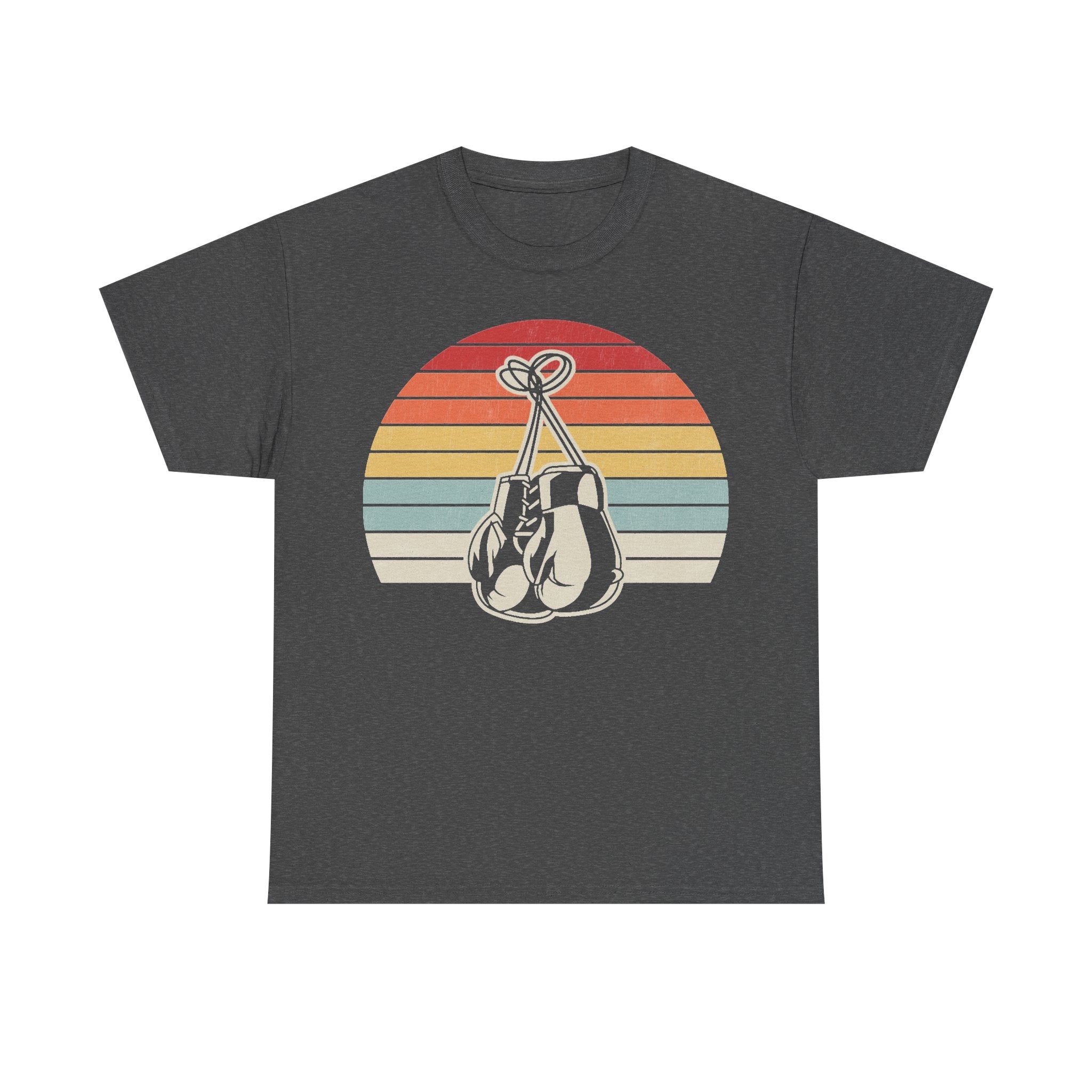 Unisex gray T-shirt with retro 70s sunset stripes and hanging boxing gloves graphic