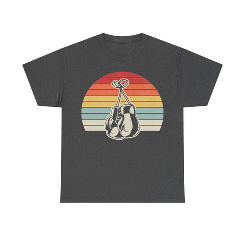Unisex gray T-shirt with retro 70s sunset stripes and hanging boxing gloves graphic