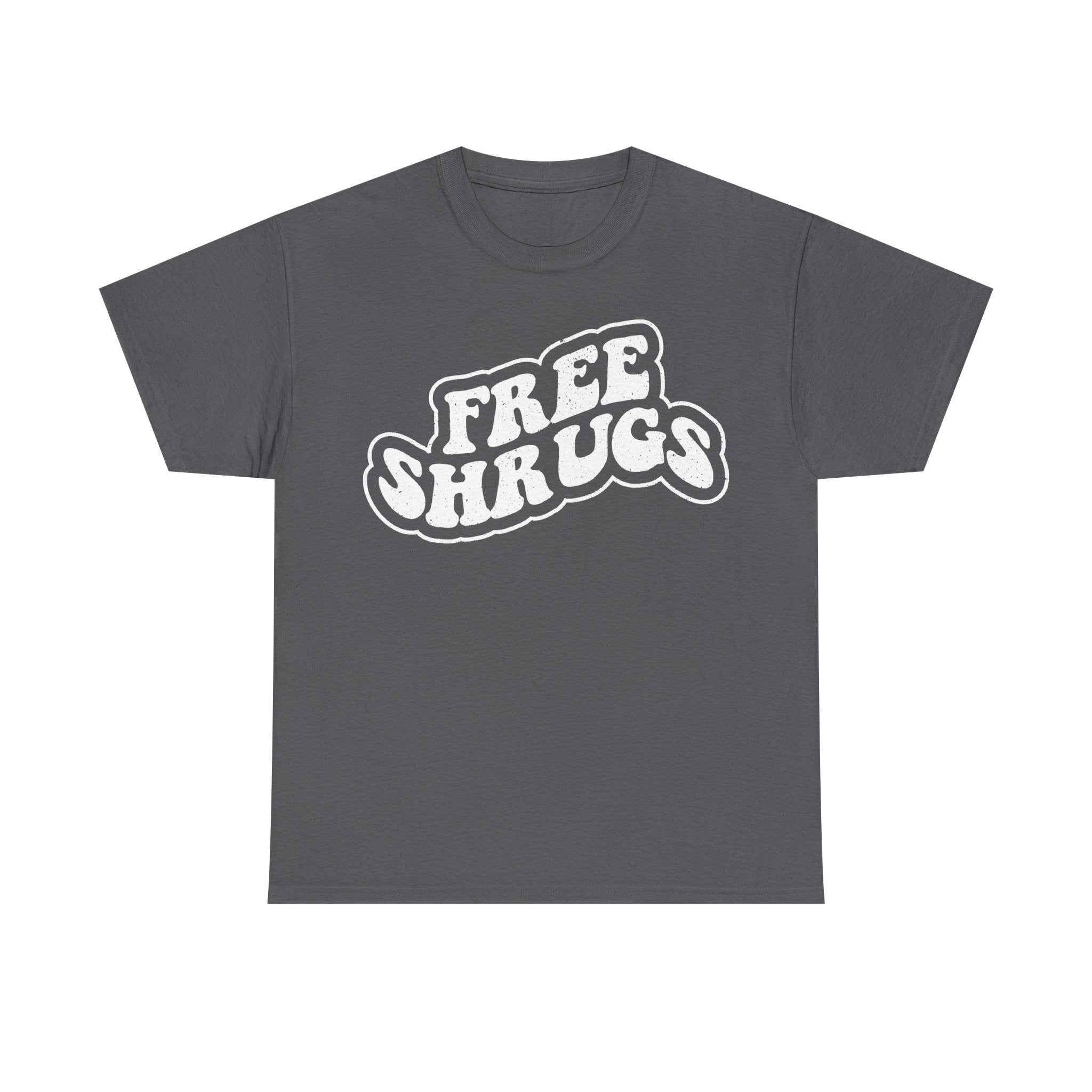 Unisex black T-shirt with distressed white bubble lettering reading FREE SHIRTS on the front.