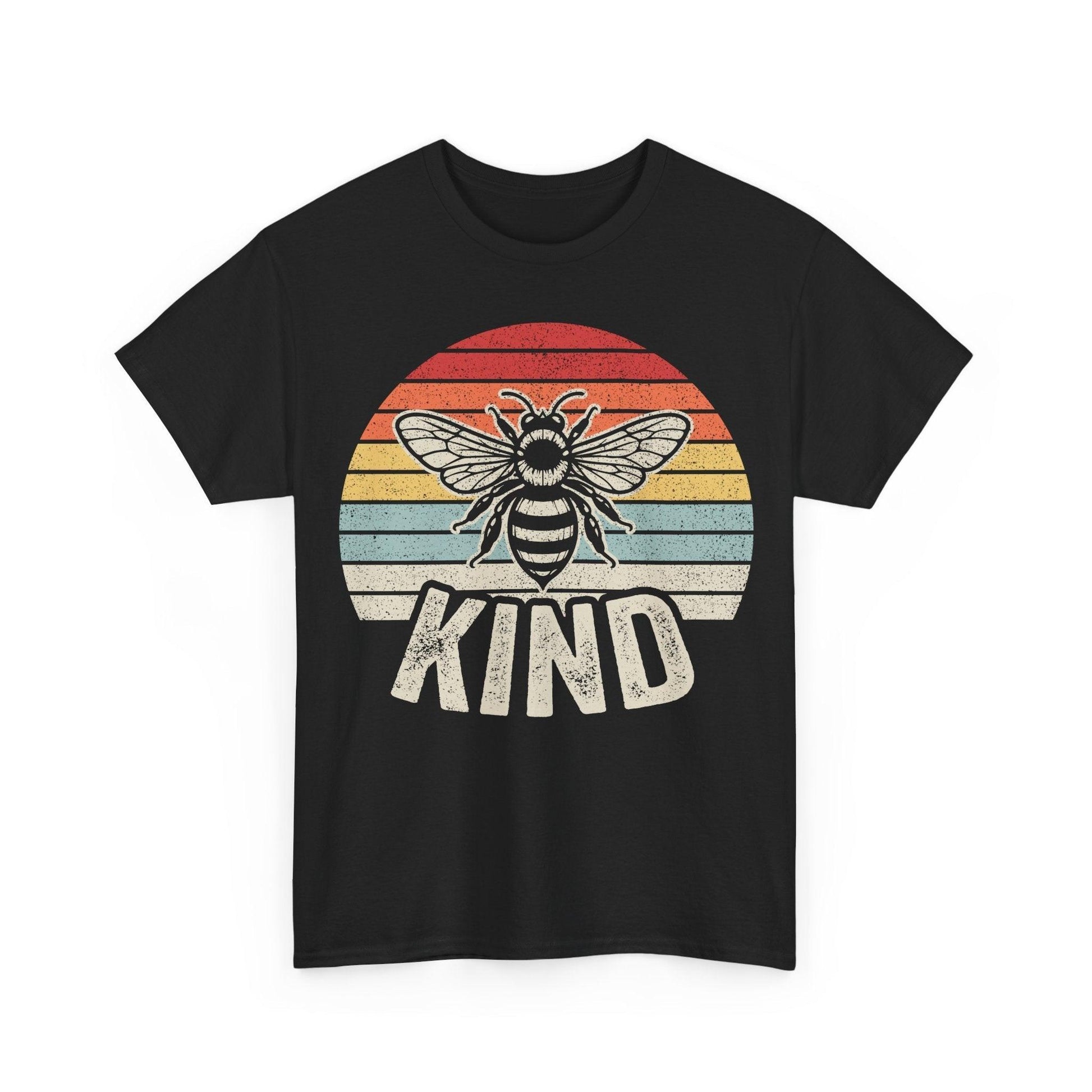 Vintage Kind Bee tee with retro rainbow bee graphic and distressed sunset stripes