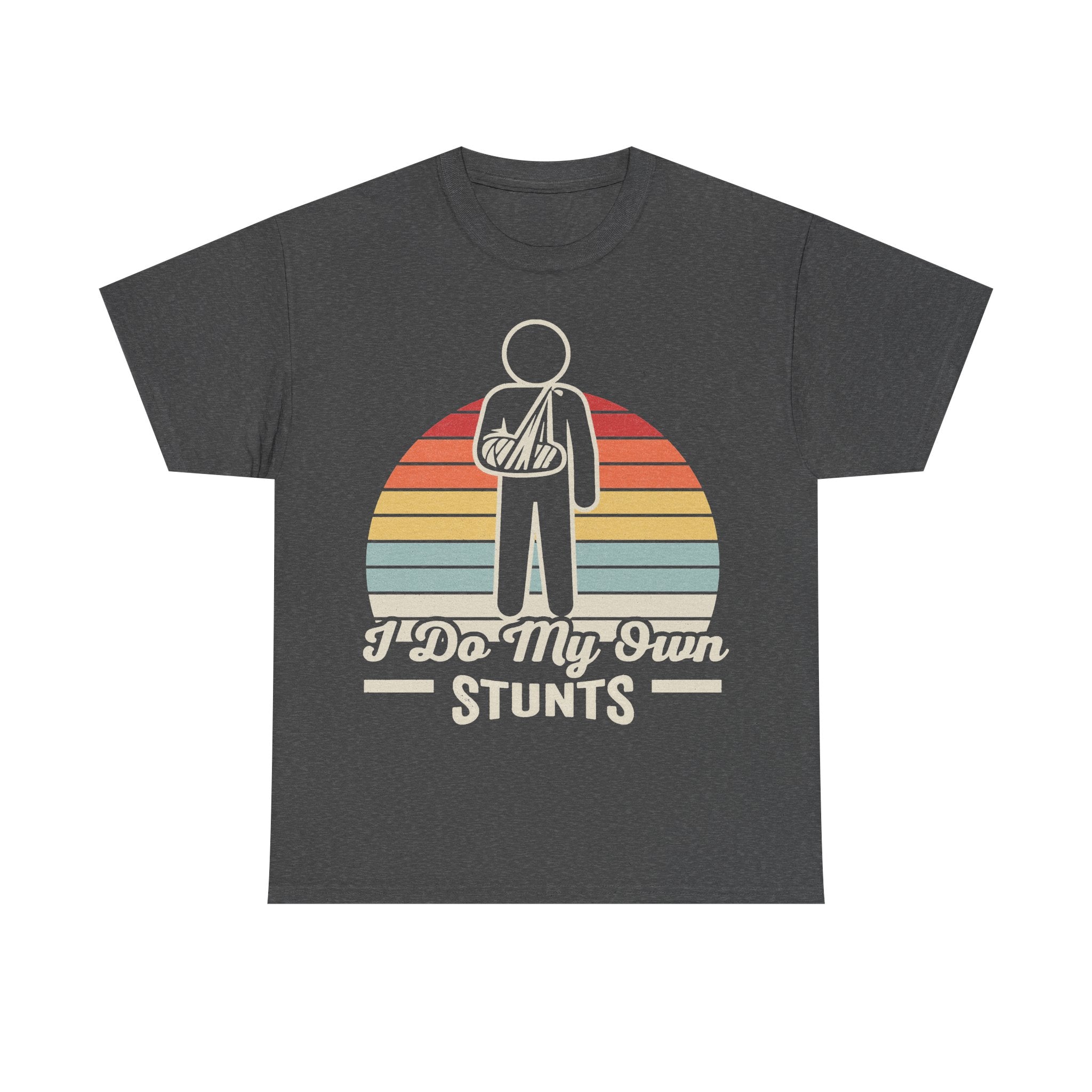 Dark gray T-shirt with retro sunset graphic and stick-figure, featuring I Do My Own Stunts text