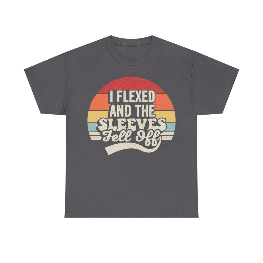 T-shirt in dark gray with retro sunset graphic and the quote I FLEXED AND THE SLEEVES FELL OFF