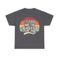 T-shirt in dark gray with retro sunset graphic and the quote I FLEXED AND THE SLEEVES FELL OFF