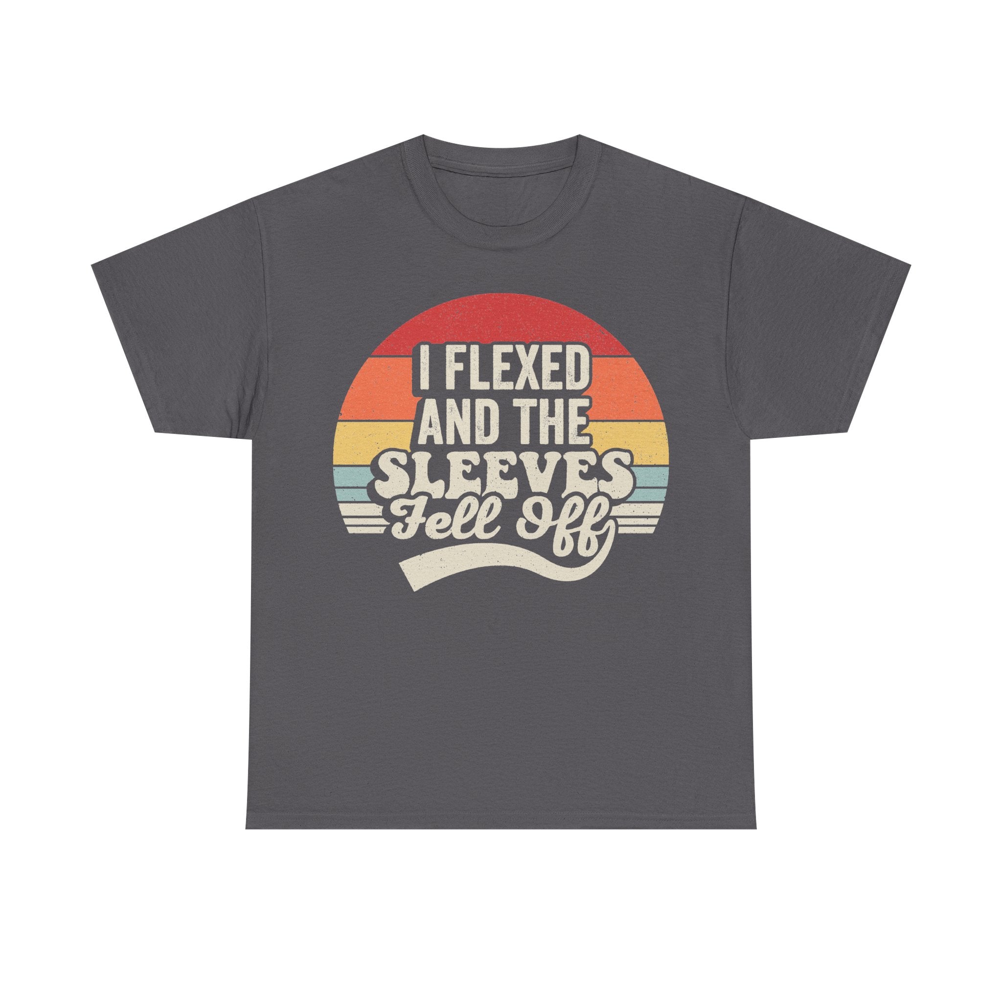 T-shirt in dark gray with retro sunset graphic and the quote I FLEXED AND THE SLEEVES FELL OFF
