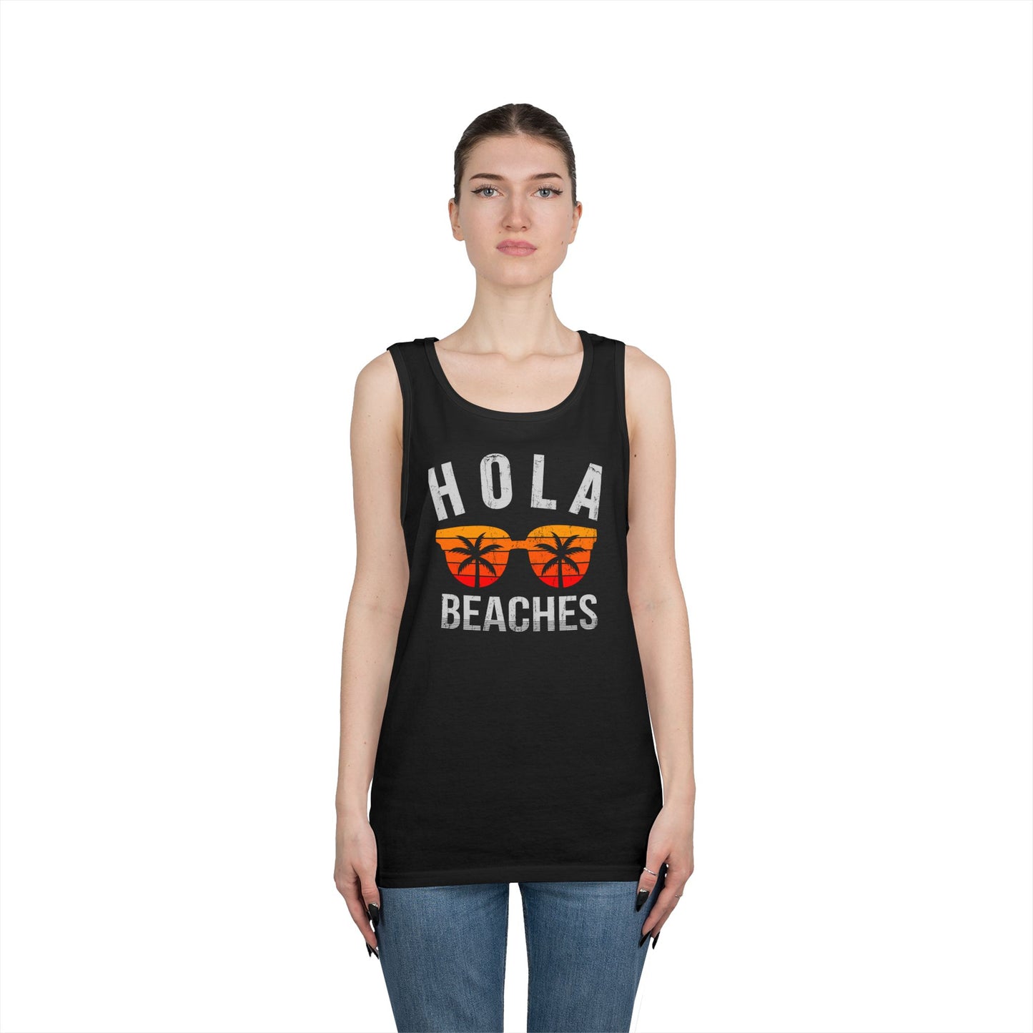 Hola Beaches Tank Top — Funny Summer Beach Tank with Sunglasses Palm Graphic