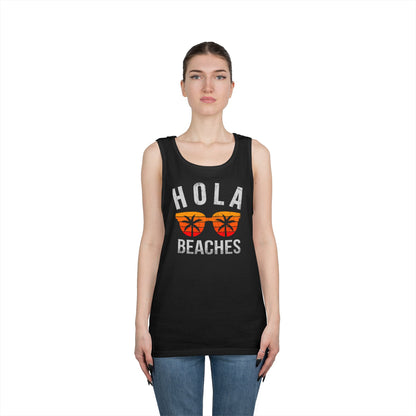 Hola Beaches Tank Top — Funny Summer Beach Tank with Sunglasses Palm Graphic