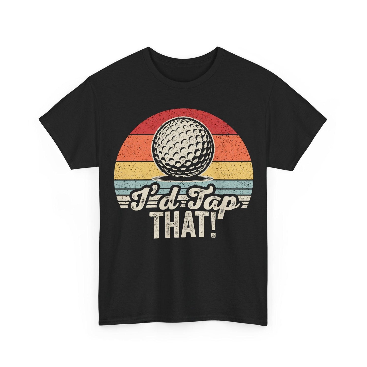 Vintage golf t-shirt with retro golf ball graphic and weathered sunburst design on soft cotton tee