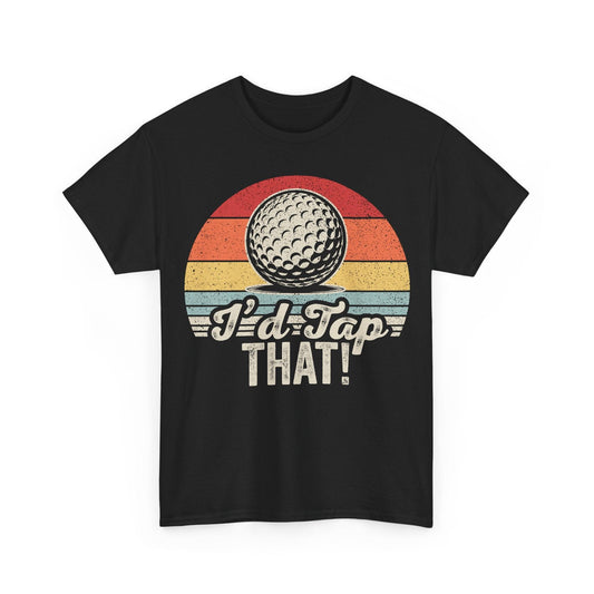 Vintage golf t-shirt with retro golf ball graphic and weathered sunburst design on soft cotton tee