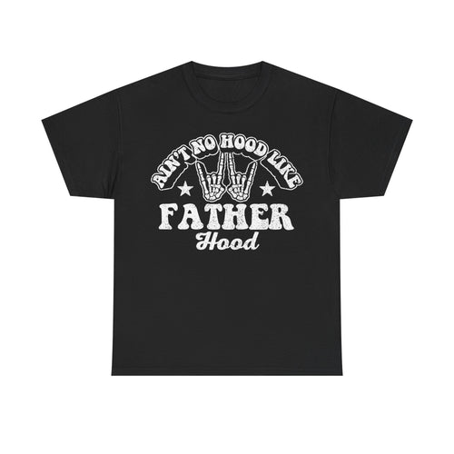 T-shirt black with white vintage rock skeleton hands design and Ain't No Hood Like Father Hood text