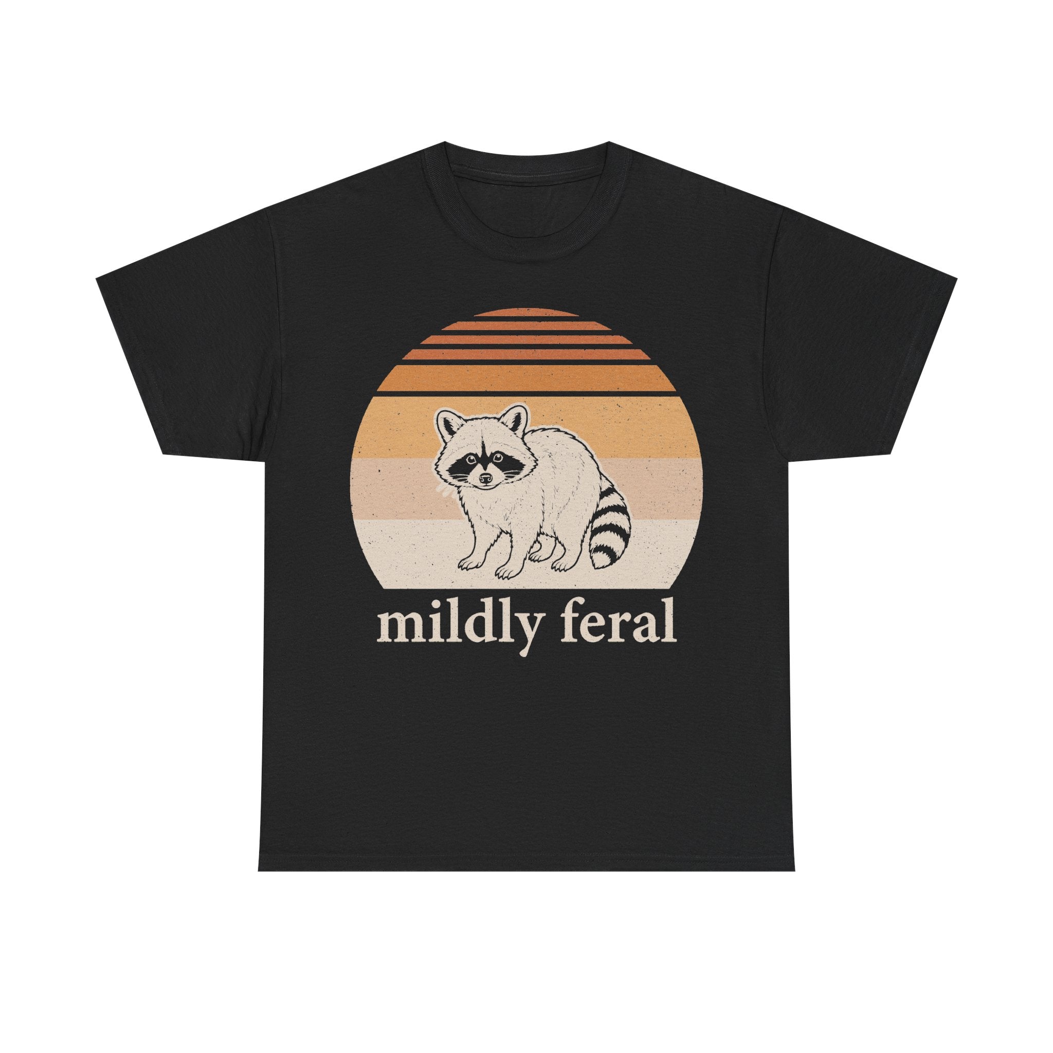 Mildly Feral Raccoon Retro Sunset Tee For Wildlife Lovers And Outdoor Enthusiasts