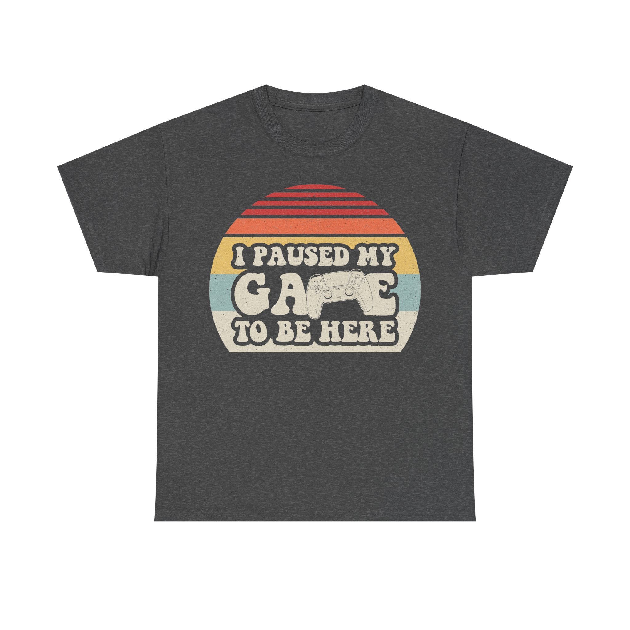I Paused My Game To Be Here Retro Gamer Tee With Sunset Striped Circle And Controller
