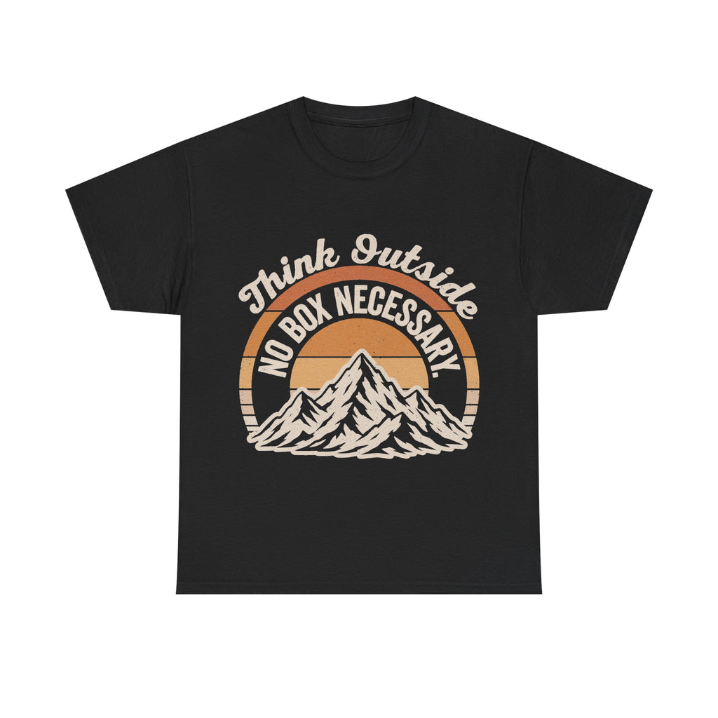 Black T-shirt with retro circle sunset mountain graphic and Think Outside No Box Necessary text in cream tones