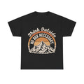 Black T-shirt with retro circle sunset mountain graphic and Think Outside No Box Necessary text in cream tones