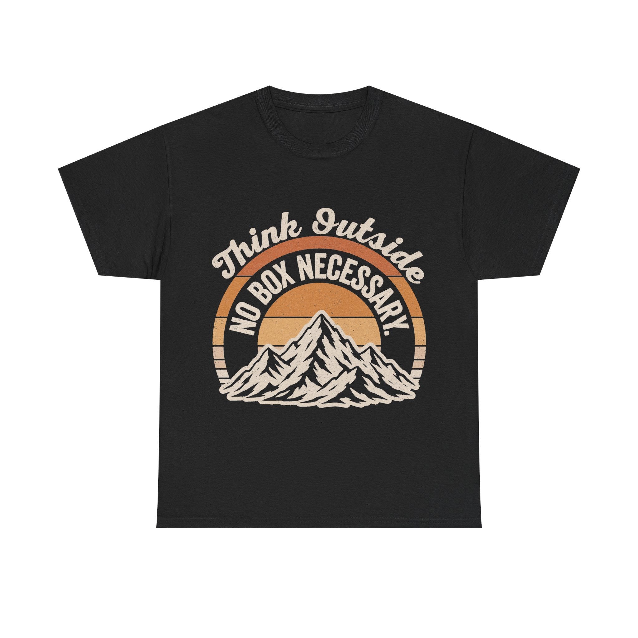 Black T-shirt with retro circle sunset mountain graphic and Think Outside No Box Necessary text in cream tones