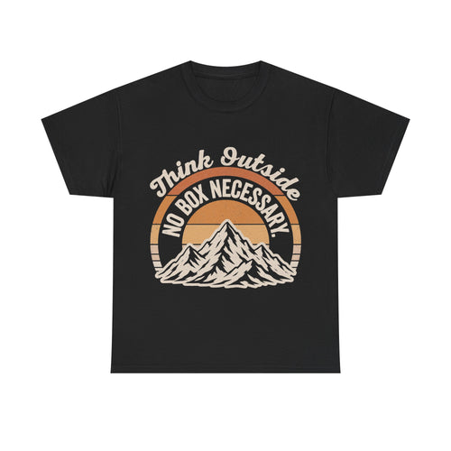 Black T-shirt with retro circle sunset mountain graphic and Think Outside No Box Necessary text in cream tones