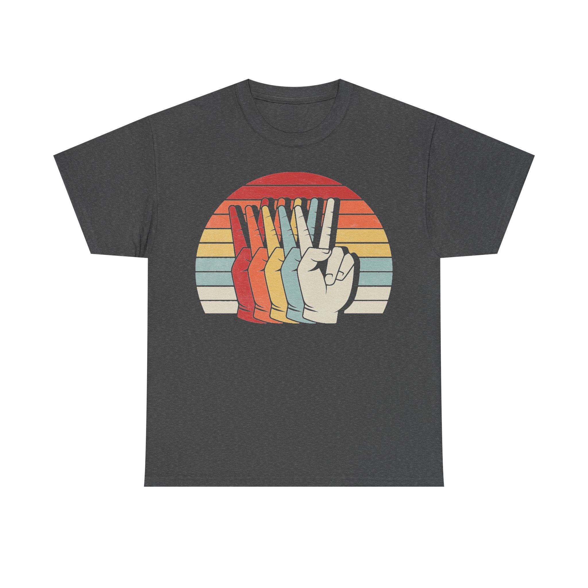 T-shirt with retro rainbow sunset circle of raised fists on charcoal gray fabric.
