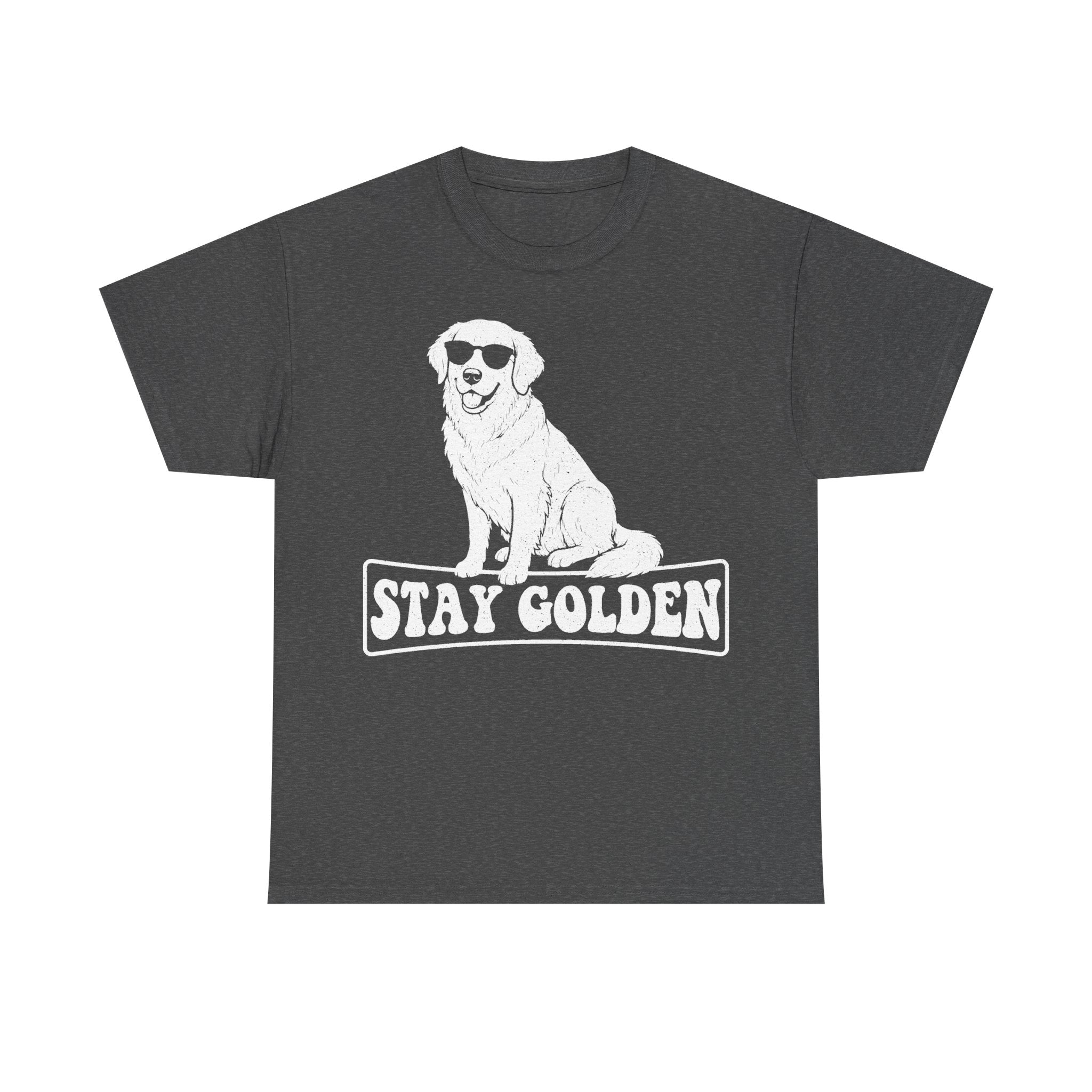T-shirt in charcoal gray with a white vintage-style Golden Retriever wearing sunglasses and Stay Golden text