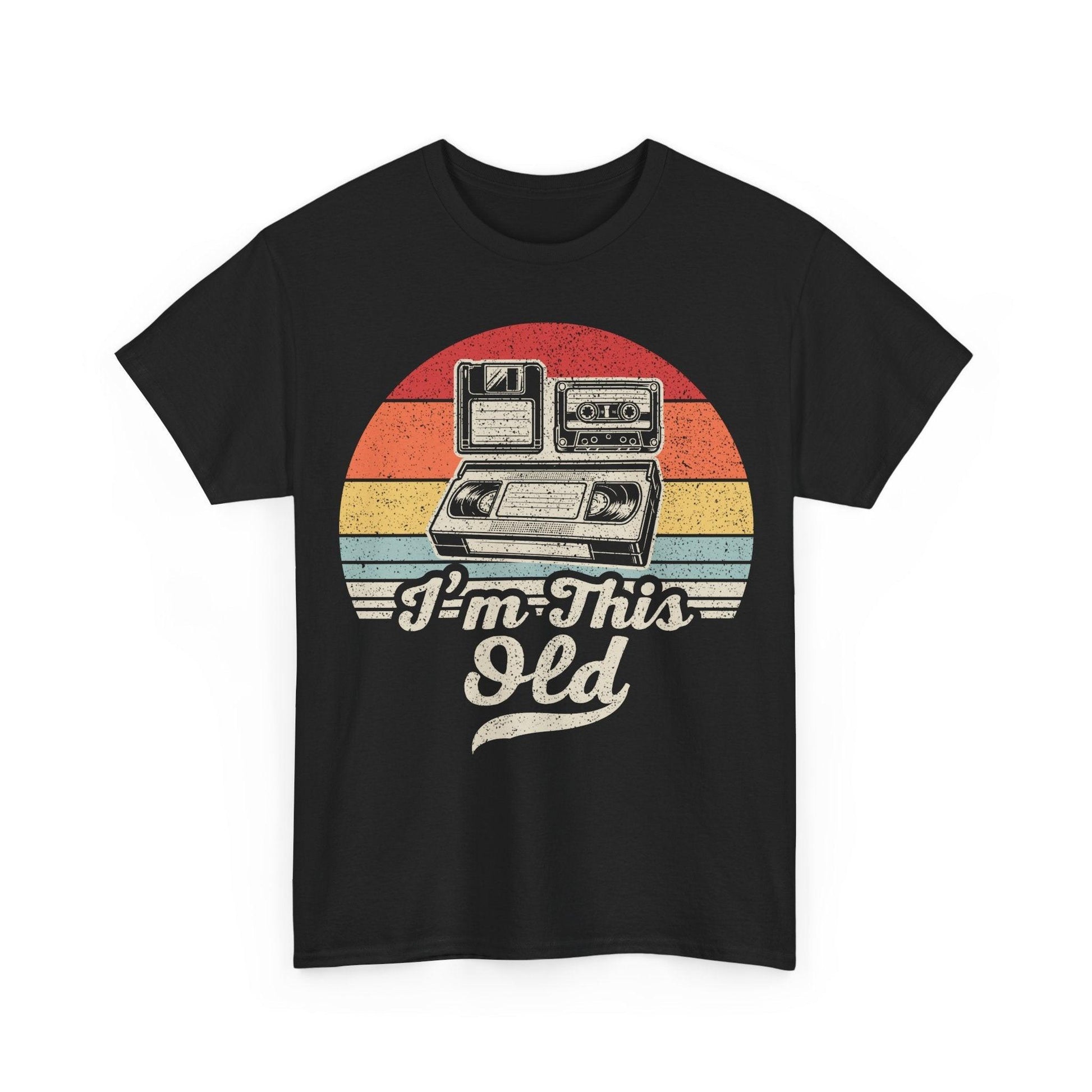 Vintage electronics tee with retro cassette and TV graphic and "I'm This Old" text on faded sun backdrop