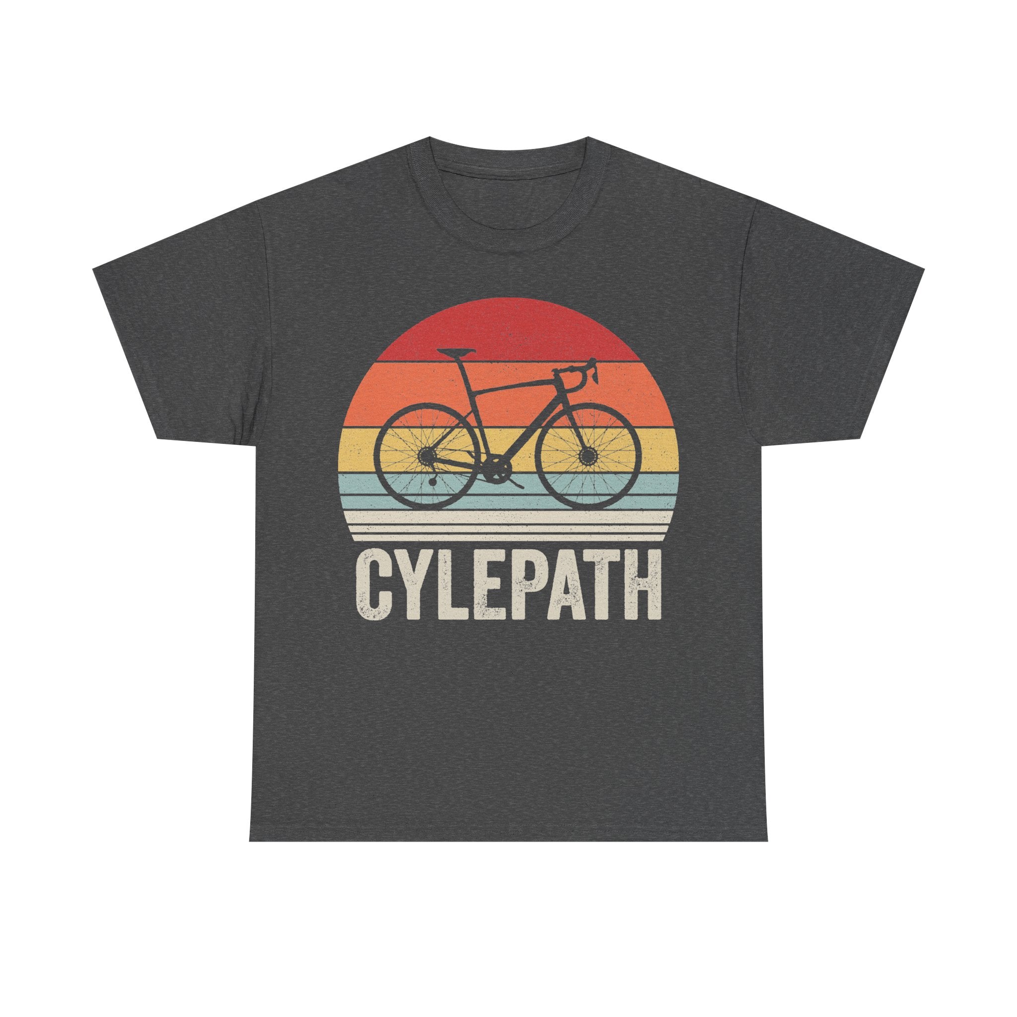 T-shirt with retro bicycle sunset graphic on dark grey heather, multicolor circular design