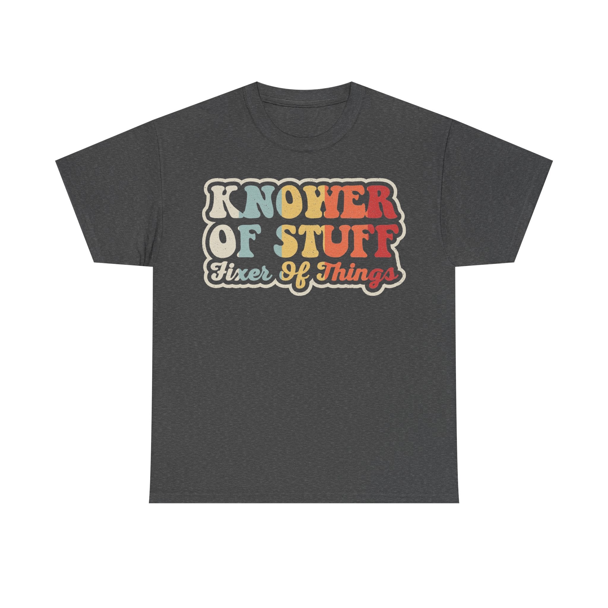 T-shirt in dark gray heather with retro distressed multicolor typography KNOWER OF STUFF and Fixer Of Things