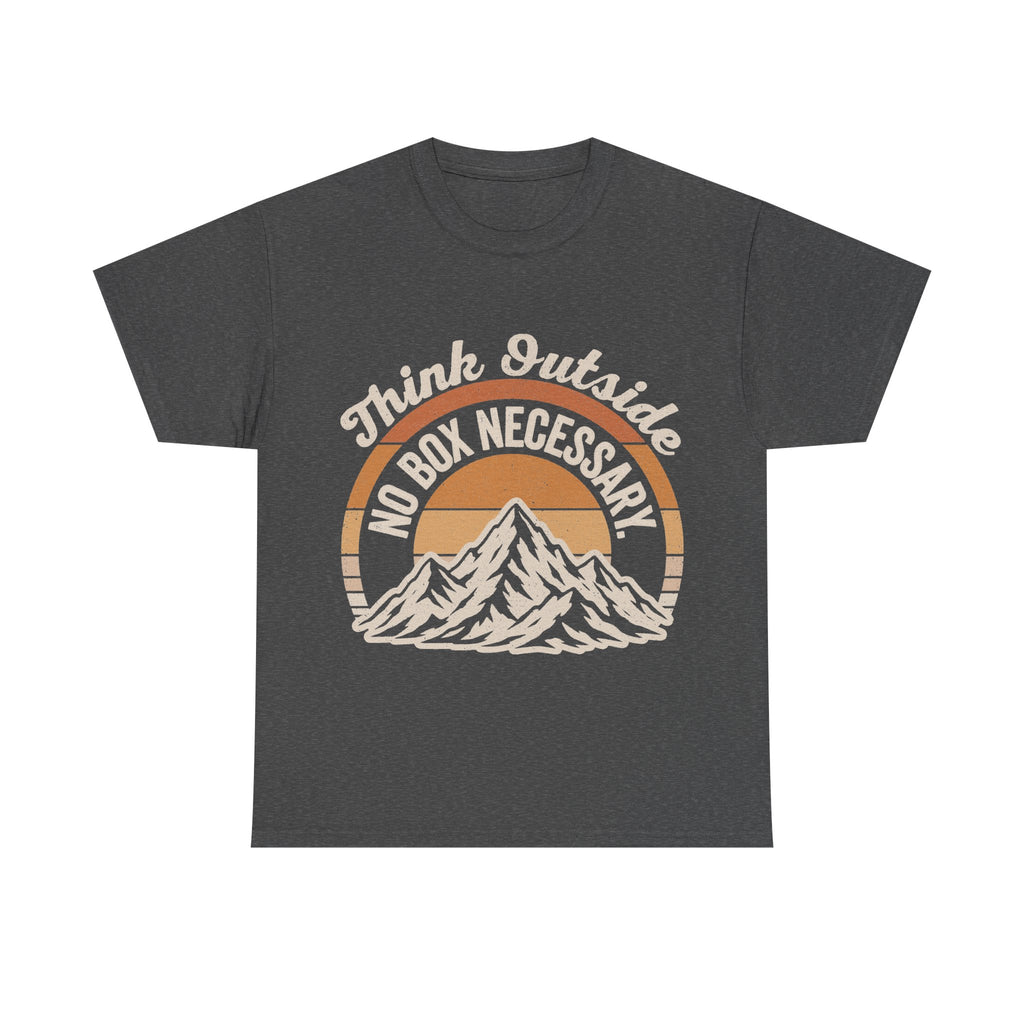 T-Shirt, dark charcoal with retro mountain sunset circular graphic and Think Outside No Box Necessary text.