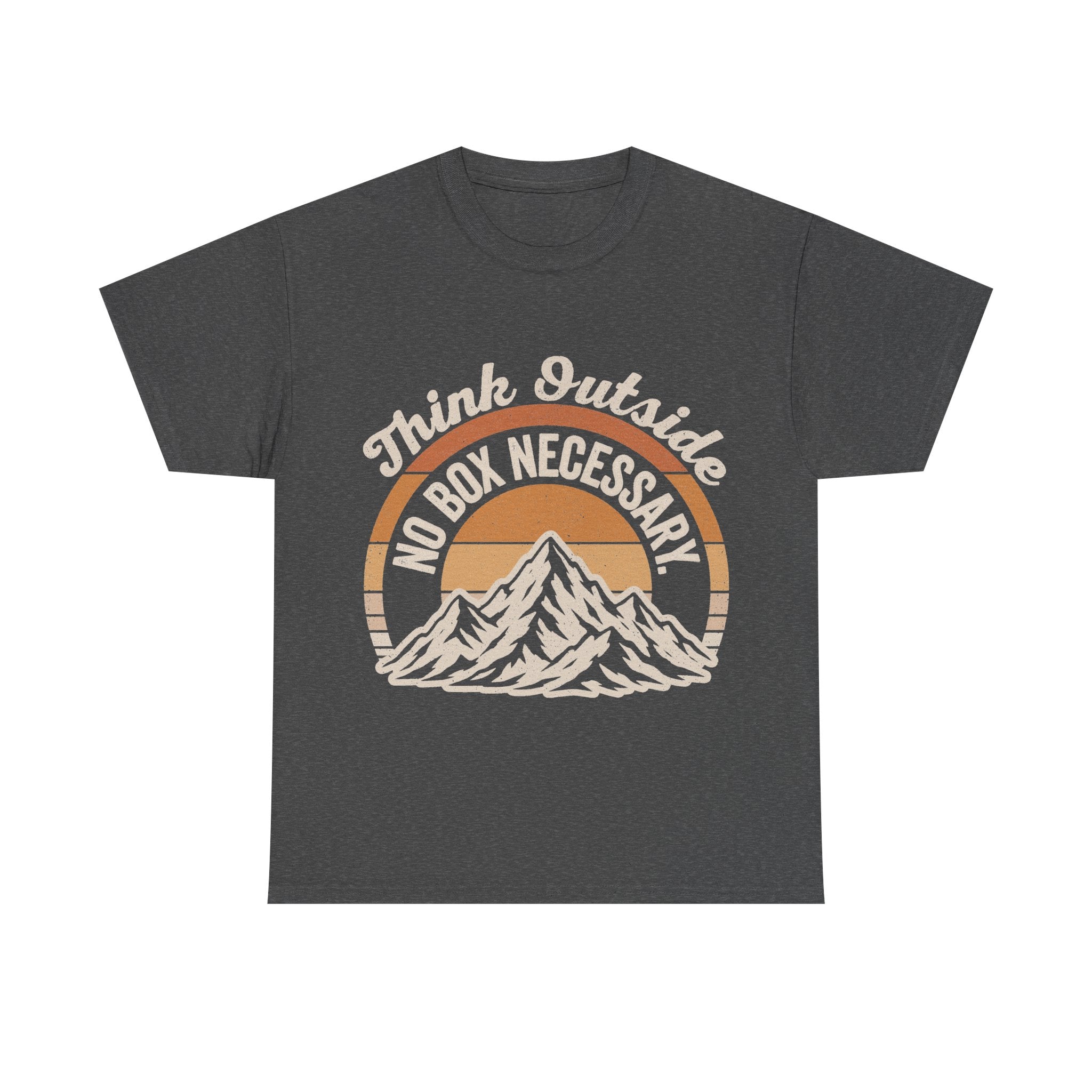 T-Shirt, dark charcoal with retro mountain sunset circular graphic and Think Outside No Box Necessary text.
