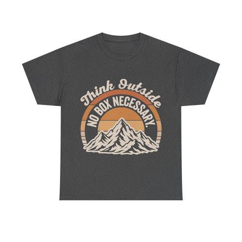 T-Shirt, dark charcoal with retro mountain sunset circular graphic and Think Outside No Box Necessary text.