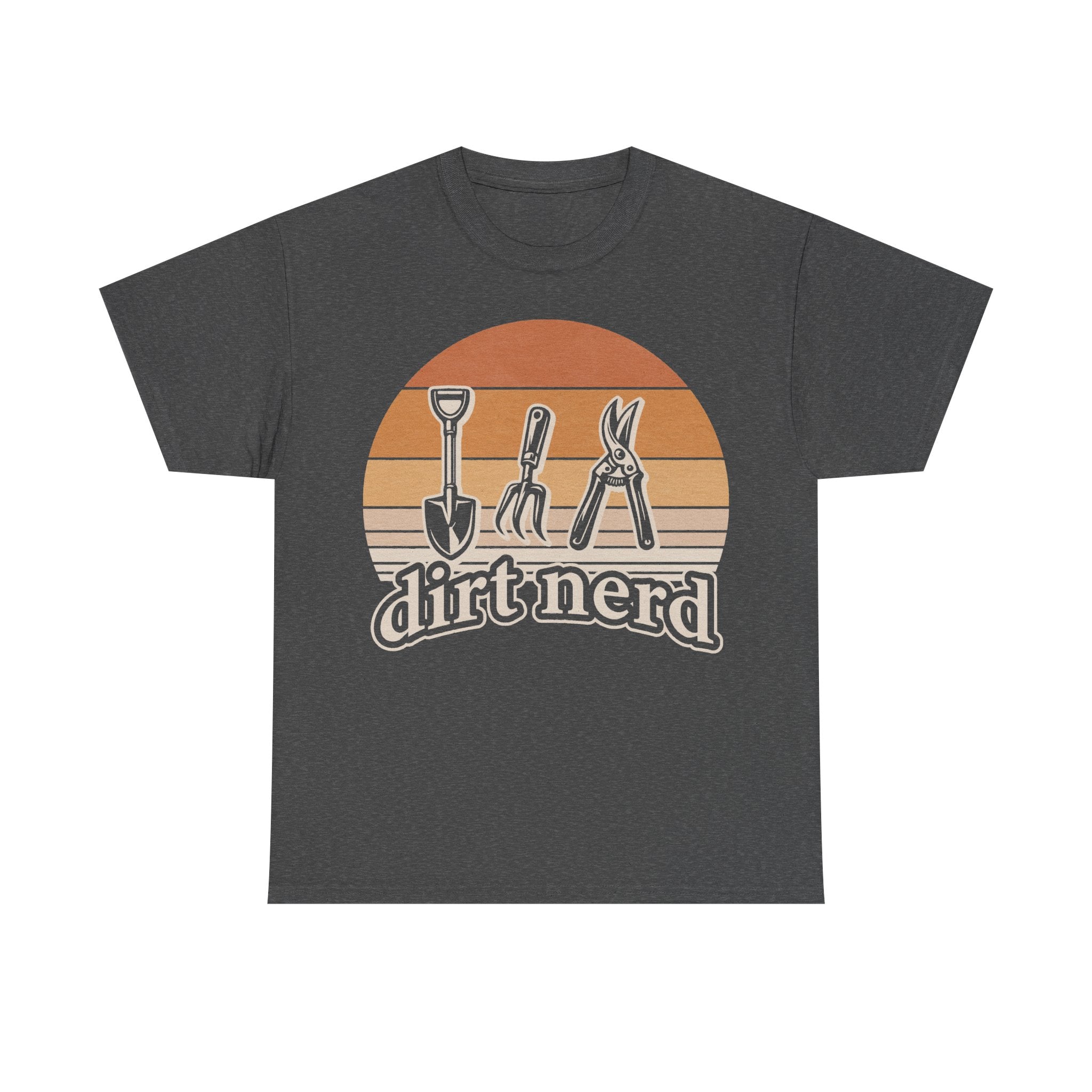 Dirt Nerd Gardening Tools Retro Sunset Illustration Tee For Garden Lovers And Plant Parents