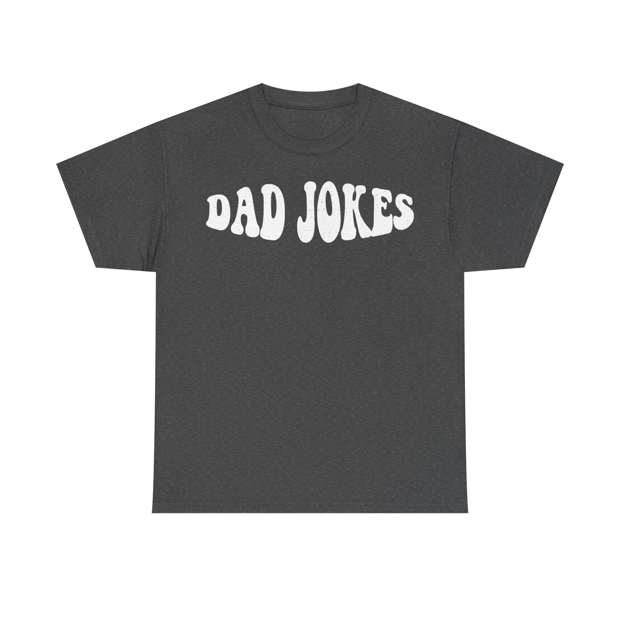 T-shirt black with bold distressed white DAD JOKES retro typography across chest.