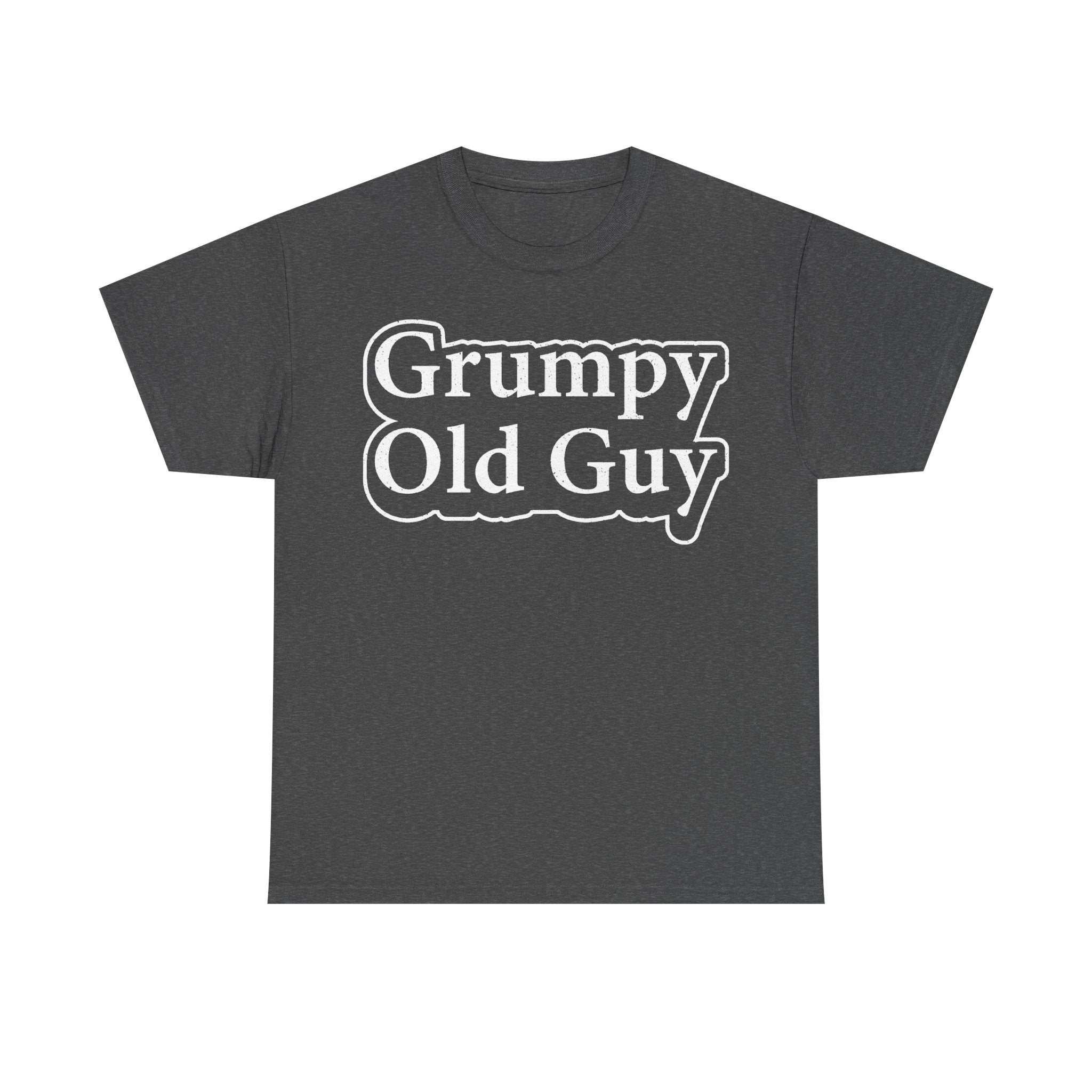 T-shirt with distressed white Grumpy Old Guy typography on charcoal gray