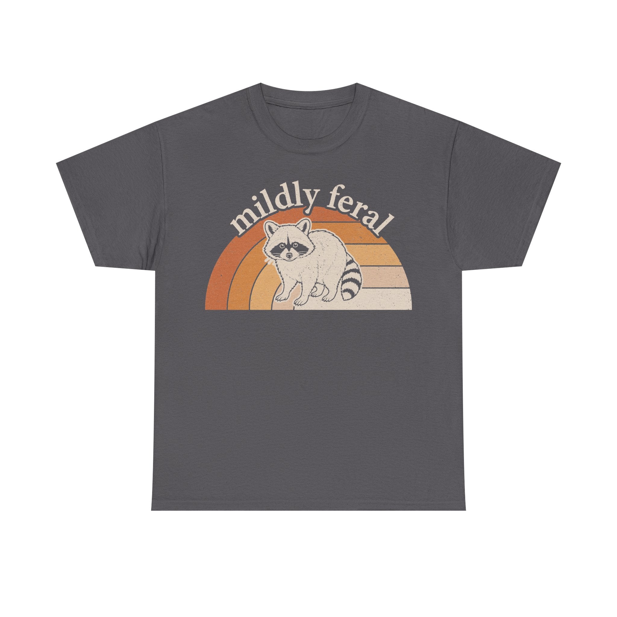 T-shirt with a retro sunset raccoon graphic on dark gray fabric; features mildly feral text.