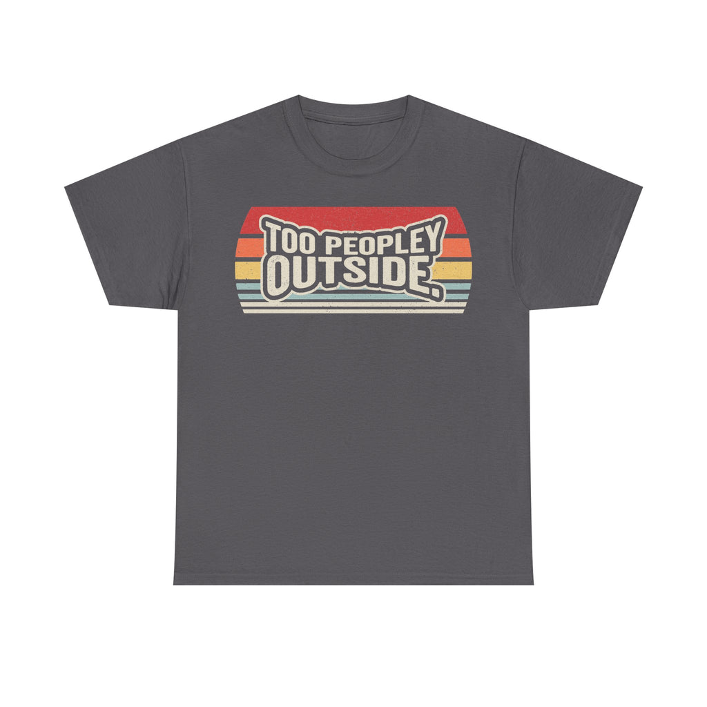 Charcoal gray t-shirt featuring retro Too Peopley Outside graphic with rainbow stripes.