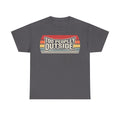 Charcoal gray t-shirt featuring retro Too Peopley Outside graphic with rainbow stripes.