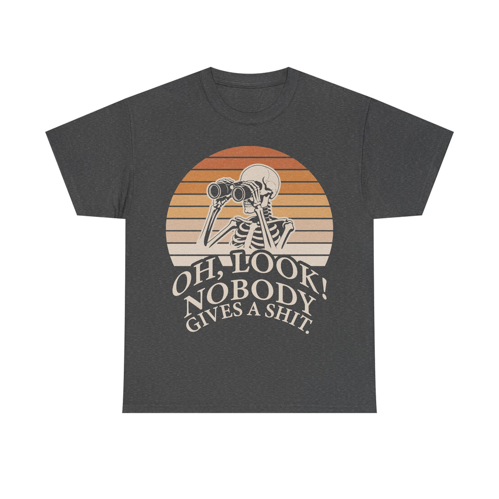 T-shirt with skeleton and binoculars over a retro orange sunset, featuring Oh Look Nobody Gives A Shit on a dark gray tee.
