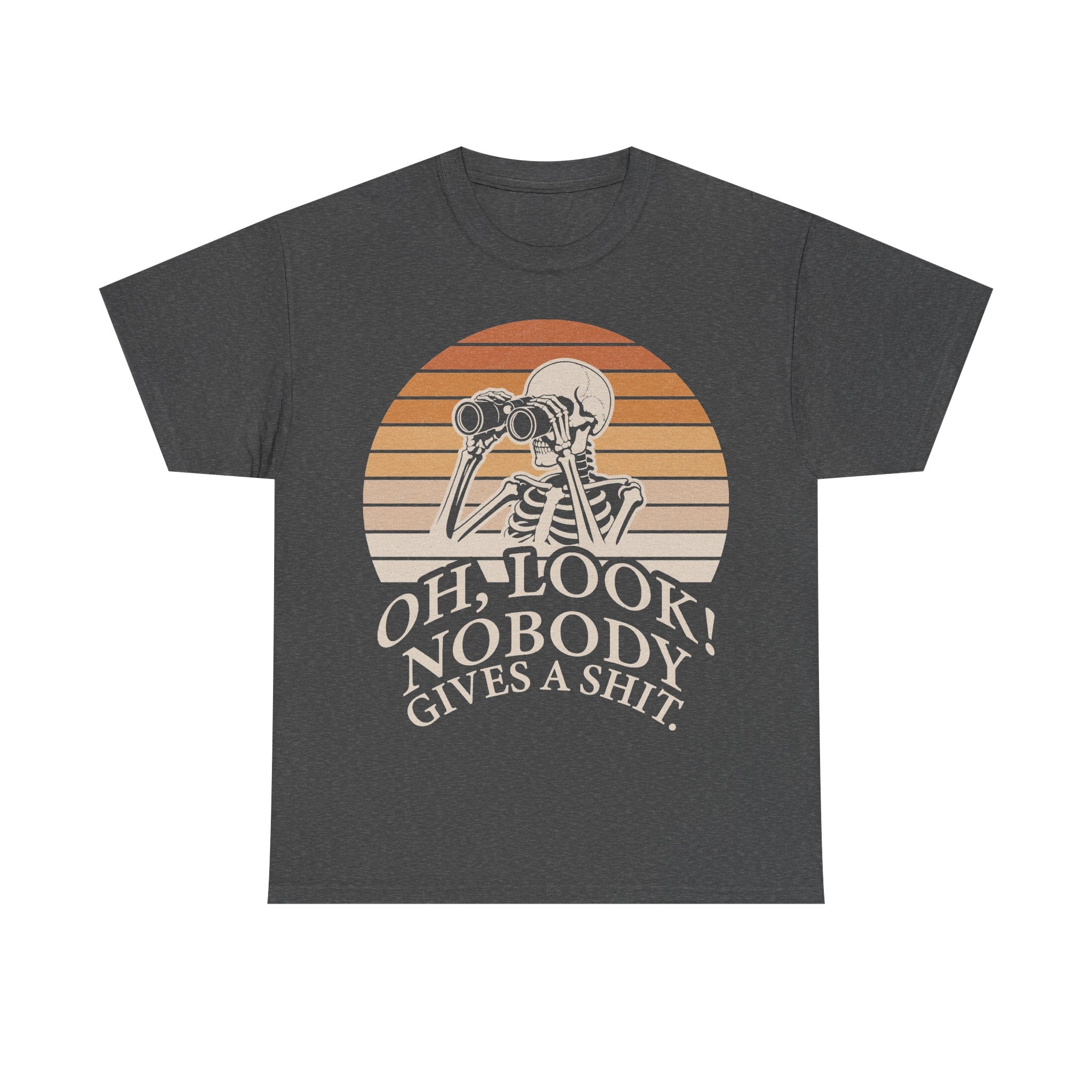 T-shirt with skeleton and binoculars over a retro orange sunset, featuring Oh Look Nobody Gives A Shit on a dark gray tee.