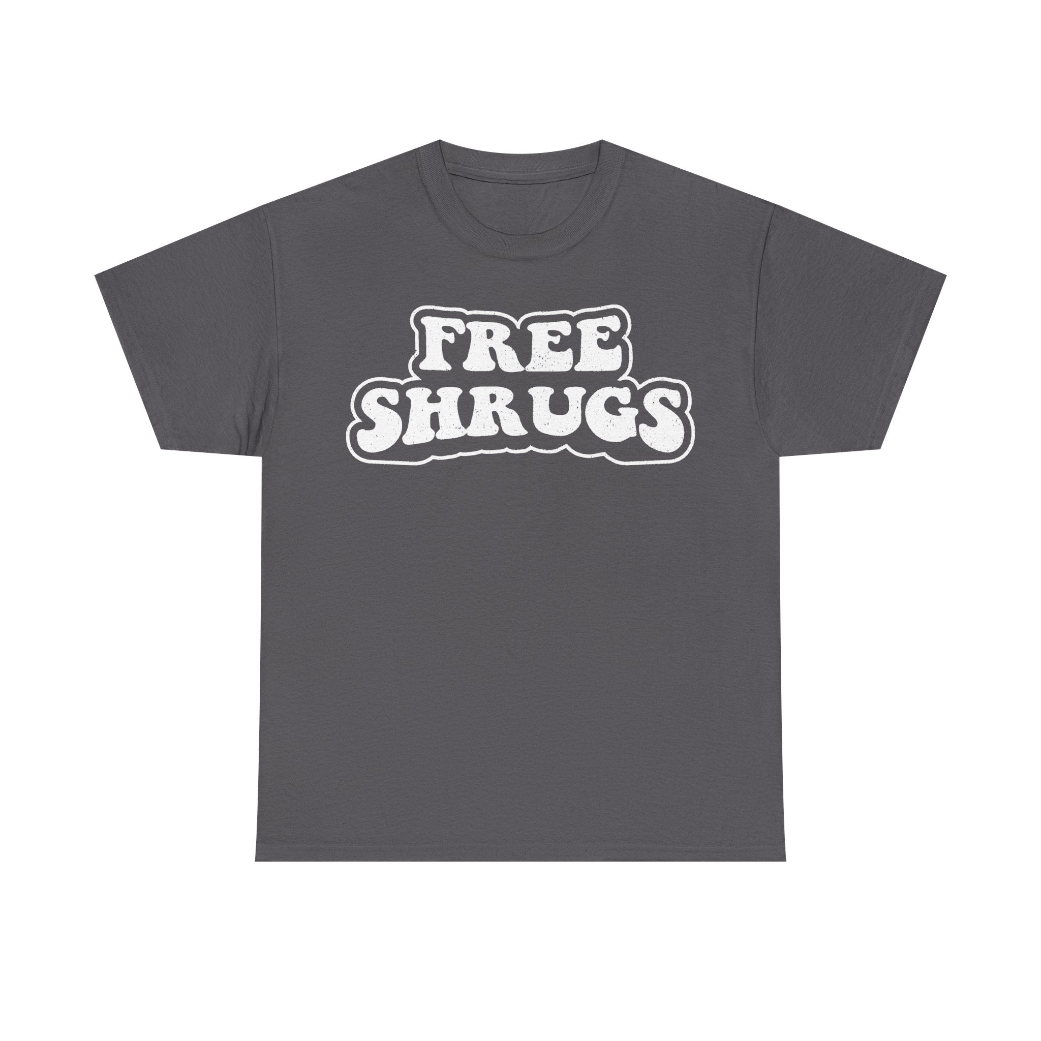 T-shirt with large distressed white typography reading FREE SHRUGS across the chest on a dark gray shirt, retro vintage style.